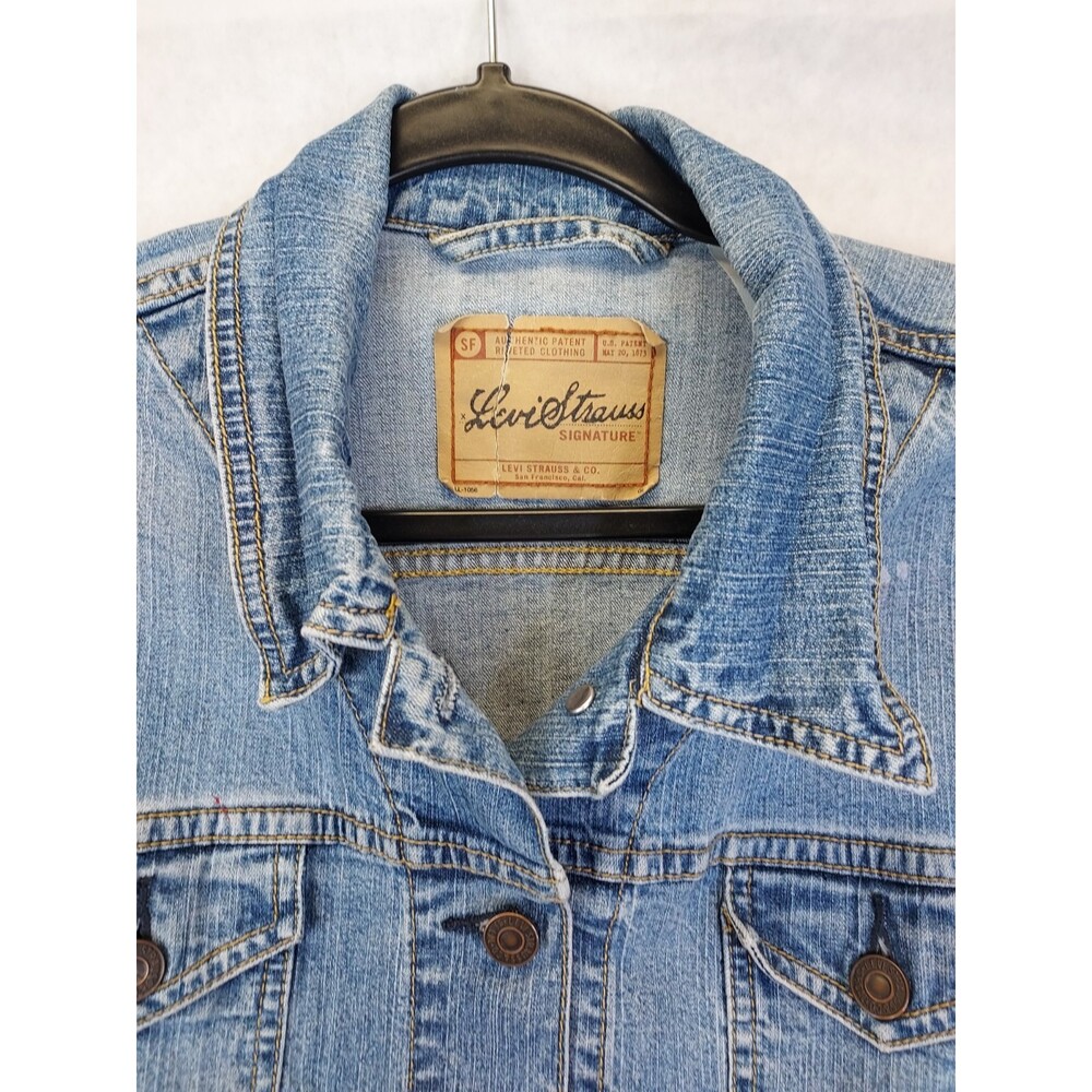 LEVI STRAUSS Signature Jean Jacket Girls L 12/14 Trucker Denim Patches Grunge - Picture 7 of 16